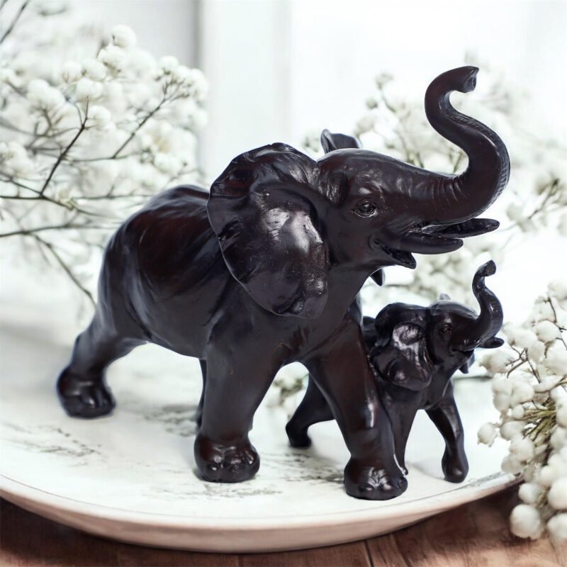 Mother & Baby Elephant Figurine | Resin – Dark Brown Finish – 9Lx4Wx6.5H Inches