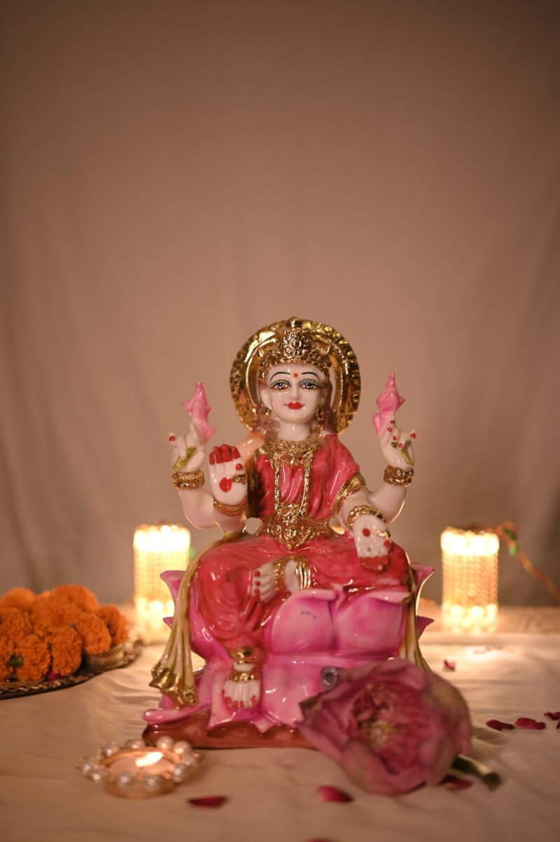 Lakshmi Mata Idol | Resin – Pink & Gold Finish – 7.5L x 4W x 11.5H Inches