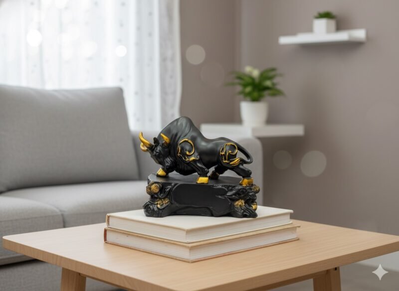 Charging Bull Showpiece | Matte Black & Gold Finish – 9.5L x 5.2W x 8.5H Inches