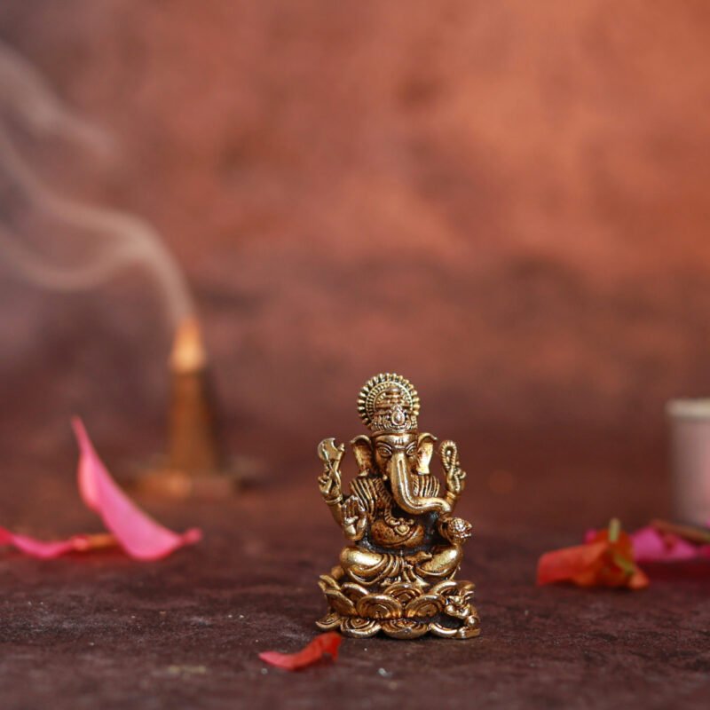 Golden Ganesha Idol | Brass Antique Finish – 3L x 2.2W x 4H Inches