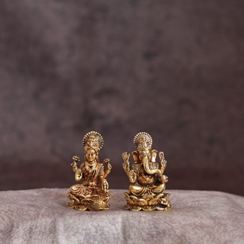 Lakshmi Ganesha Idol Set | Antique Gold Finish | L4 x W2.5 cm Each