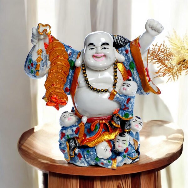 Laughing Buddha with Children Idol | Resin – Multicolour Finish – 9L x 4W x 10H Inches