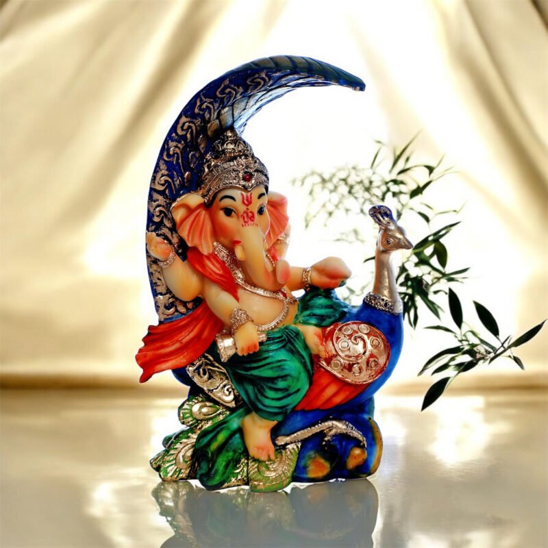 Lord Ganesha on Peacock Idol | Resin – Multicolour Finish – 4.5L x 2.9W x 7H Inches