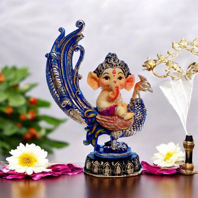 Lord Ganesha on Peacock Idol | Resin – Multicolour Finish – 7L x 2.75W x 9.2H Inches