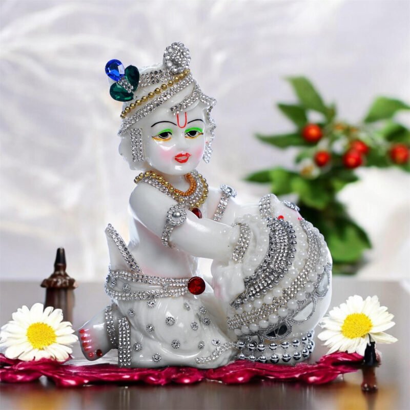 Bal Krishna with Makhan Matki Idol | Resin – White & Silver Finish – 6.6L x 4W x 9H Inches