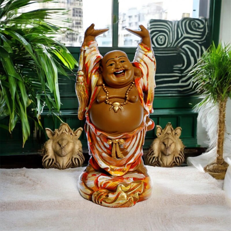 Laughing Buddha Idol with Raised Hands | Resin – Multicolour Finish – 3.10Lx3.5Wx9 H Inches