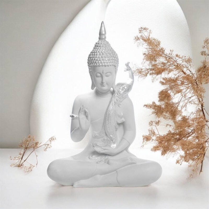 Meditating Buddha with Peacock Idol | Resin – White & Silver Finish – 8.75L x 4W x 13H Inches