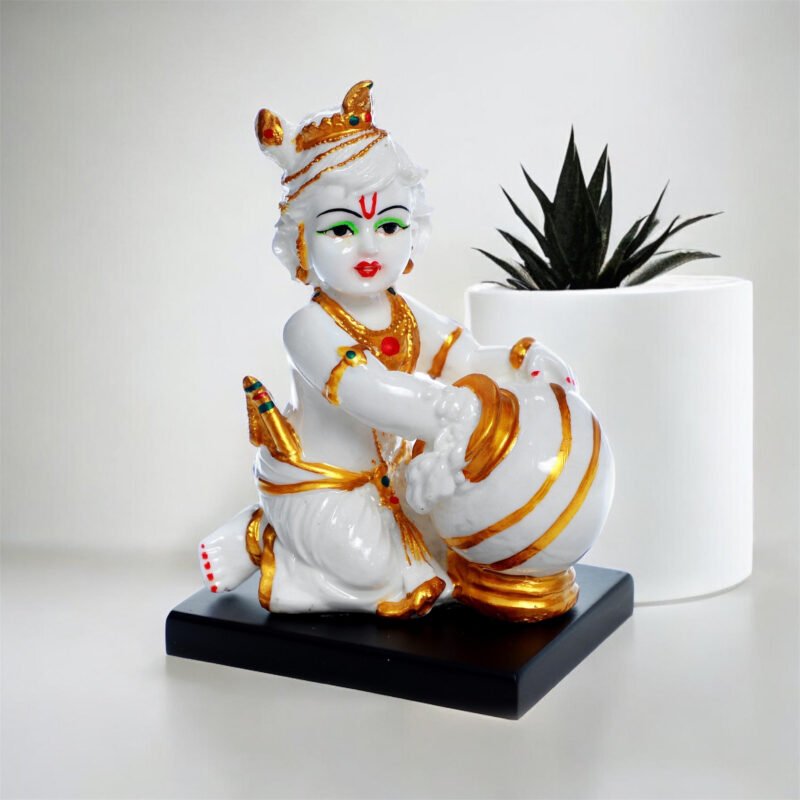 Bal Krishna with Matki Idol | Resin – White & Golden Finish – 3.8L x 4.8W x 7.5H Inches
