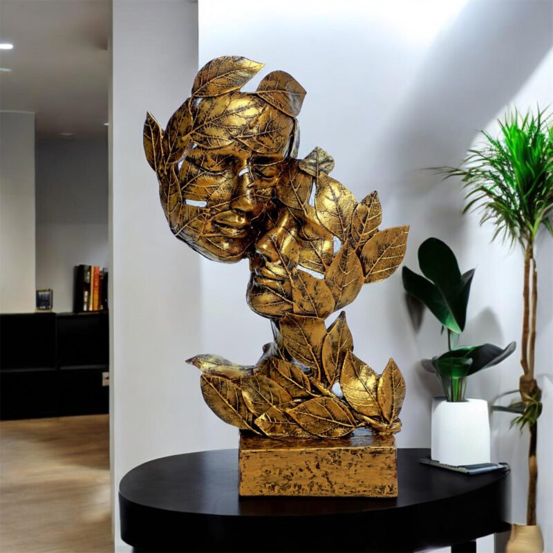 Abstract Leaf Face Sculpture | Resin - Antique Gold Finish –  7.5Lx3.9Wx12.5H Inches