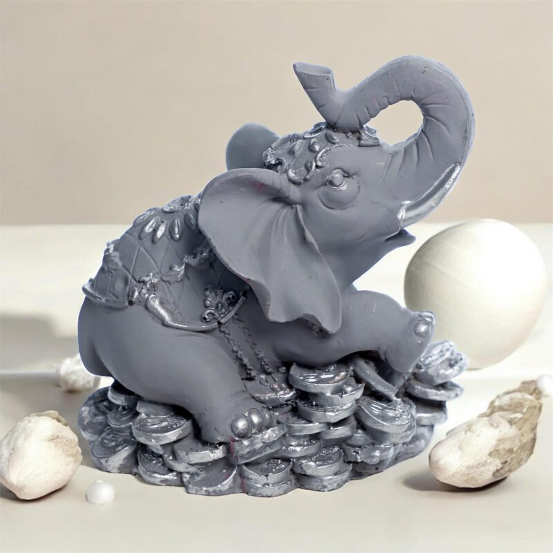 Elephant on Coins Figurine | Resin – Grey & Silver Finish – 6.75L x 6.5W x 7H Inches