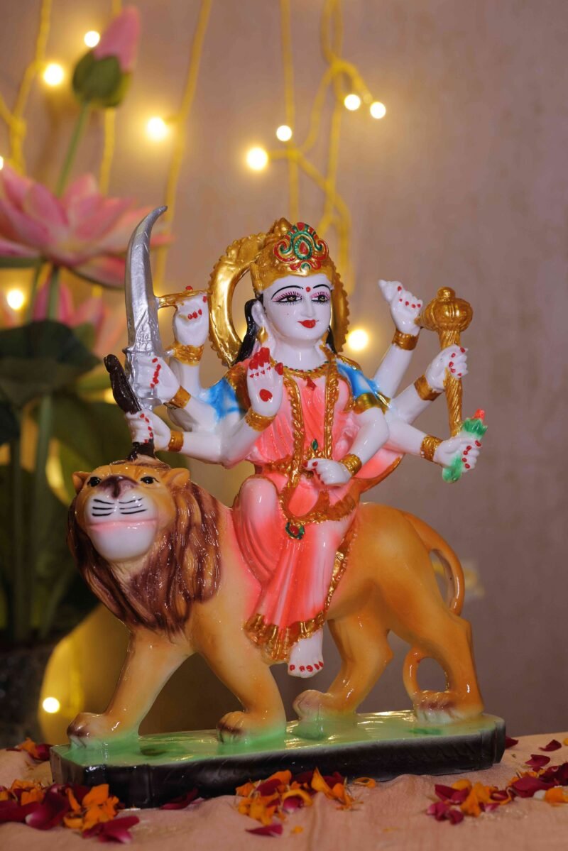 Goddess Durga Idol on Lion | Hand-Painted Finish | H35 × W27 × D10 cm
