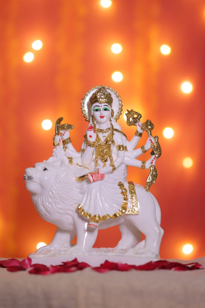 Goddess Durga Idol on Lion | Divine White-Gold Finish | H28 × W10 × D20 cm