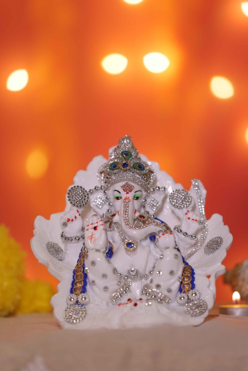 Lord Ganesha Idol | White & Silver Finish | H16 × W18 × D11 cm
