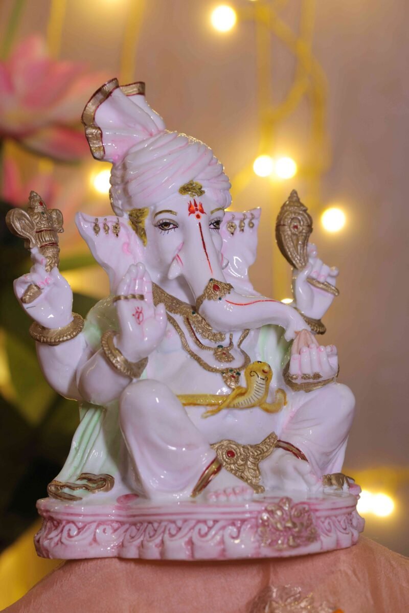 Lord Ganesha Idol | Hand-Painted White & Gold Finish | H28 × W22 × D15 cm
