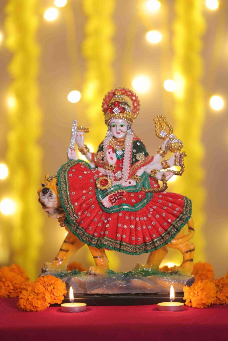 Goddess Durga Idol | Hand-Painted Red & Green Attire | H31 × W24 × D10 cm
