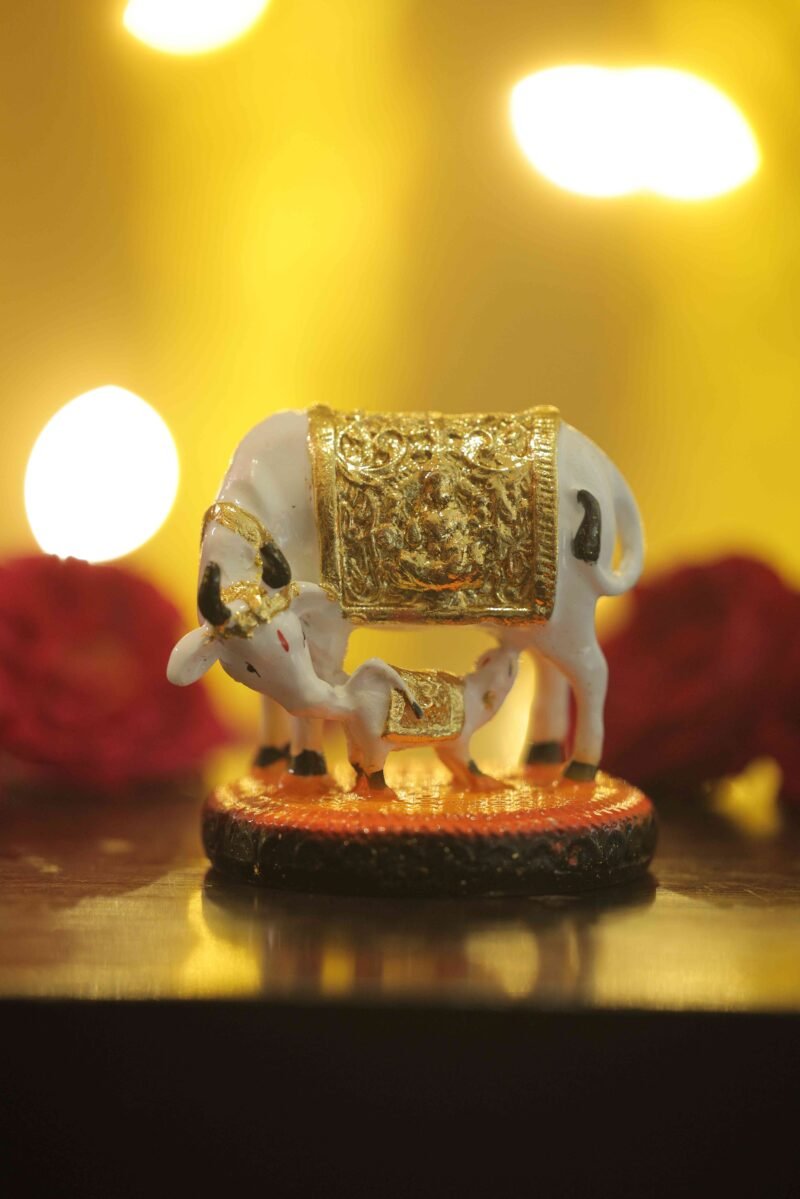 Kamdhenu Cow & Calf Idol | Antique Gold Detailing | H9.5 × W8 × D8 cm