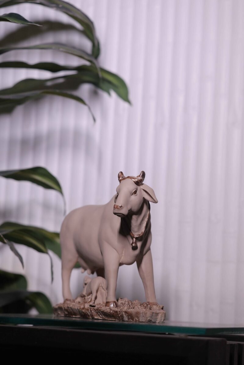 Kamdhenu Cow & Calf Idol | Soft Ivory Finish | H24 × W30 × D12 cm