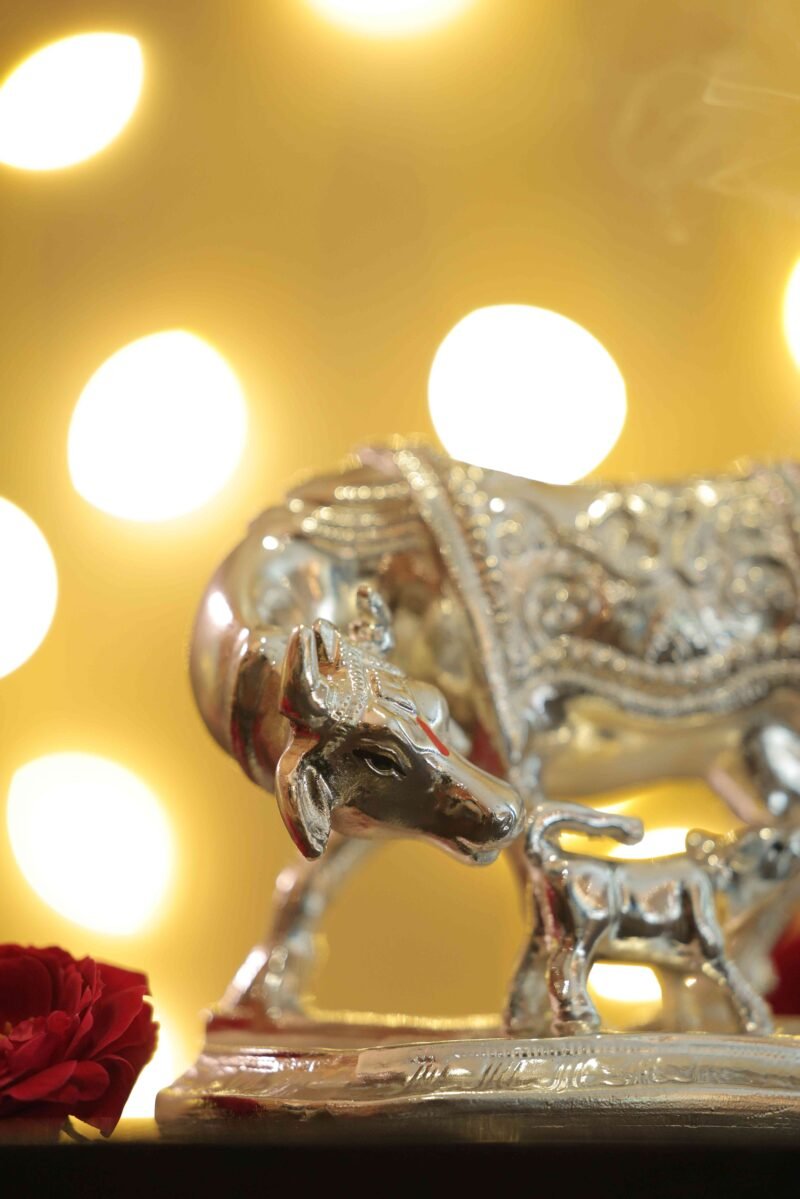 Kamdhenu Cow & Calf Idol | 92.5 Silver Coated Finish | 15 × 8.5 × 12.5 cm