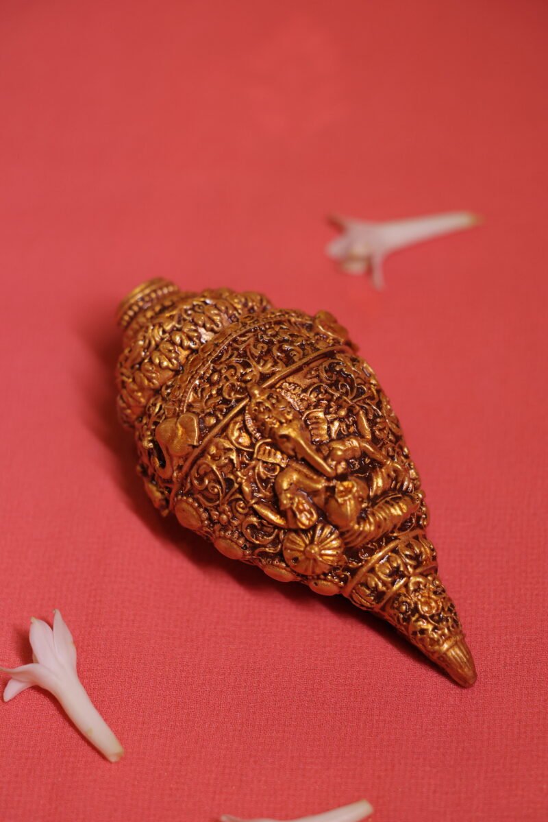 Antique Gold Carved Shankh | Ornate Sacred Décor | 12 L × 6 W × 5 H cm