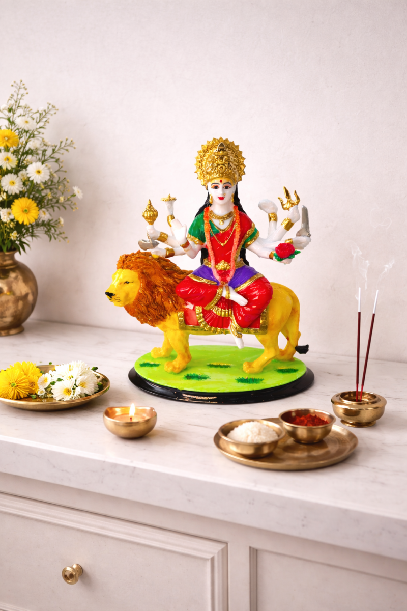 Goddess Durga Idol on Lion | Divine Multicolour Finish | H25 × W11.5 × D20 cm