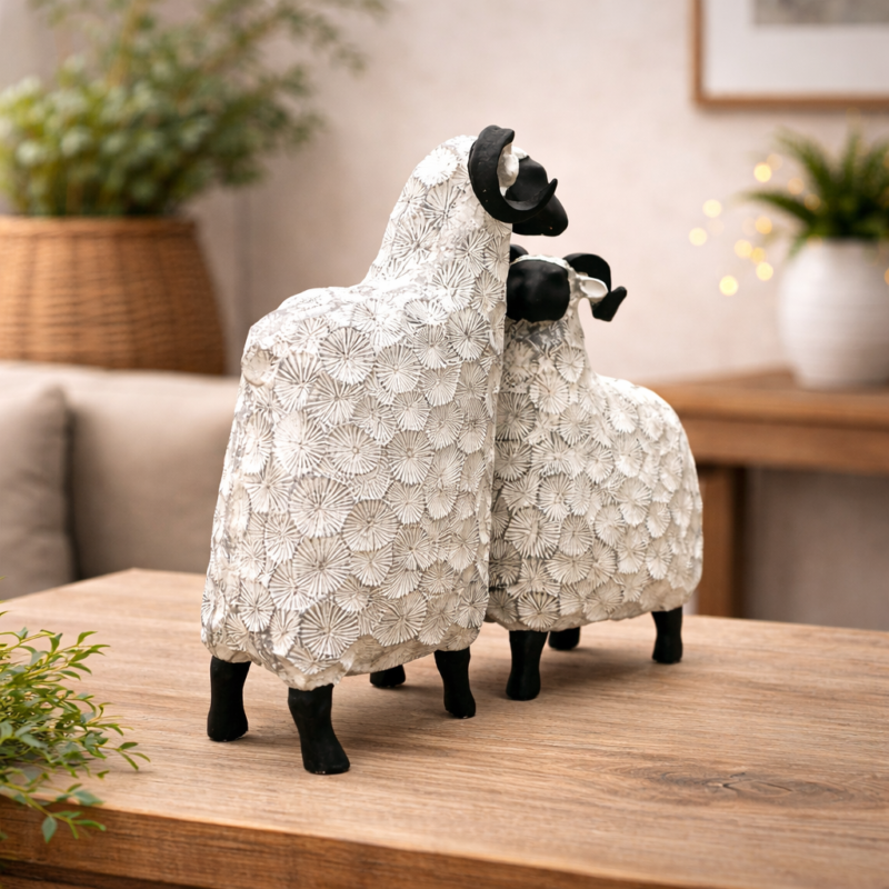 Sacred Twin Sheep Idol | Textured Divine White Sculpted Finish | H30 × W11.5 × D15 cm