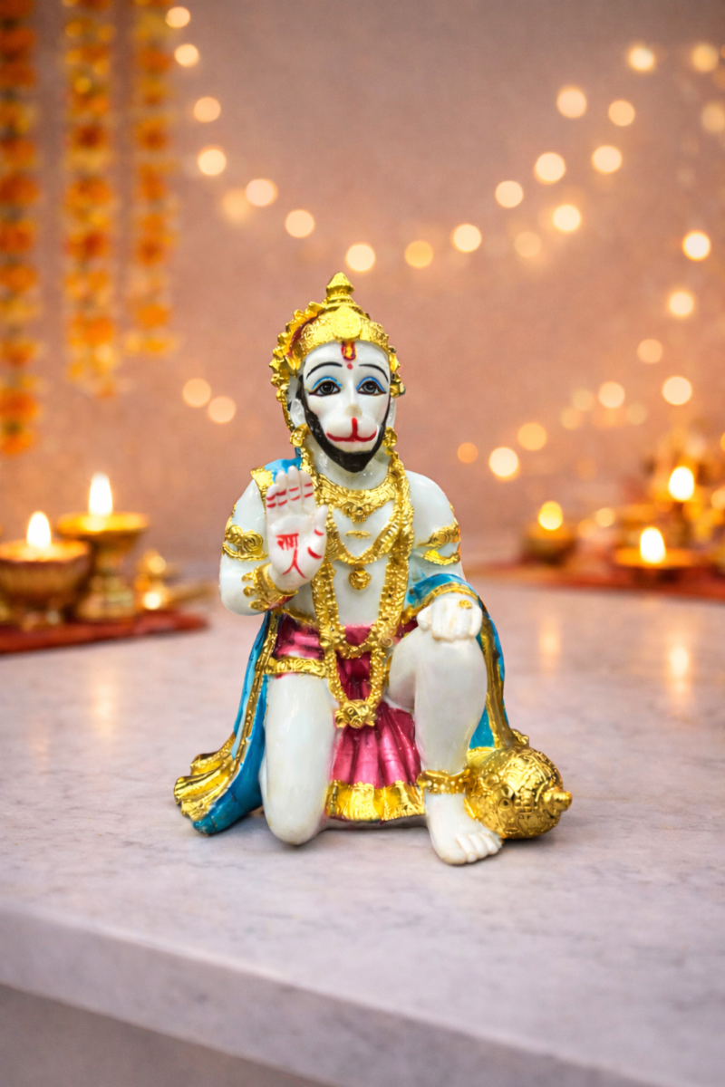 Lord Hanuman Idol | Divine White-Gold Blessing Finish | H20 × W9 × D9.5 cm