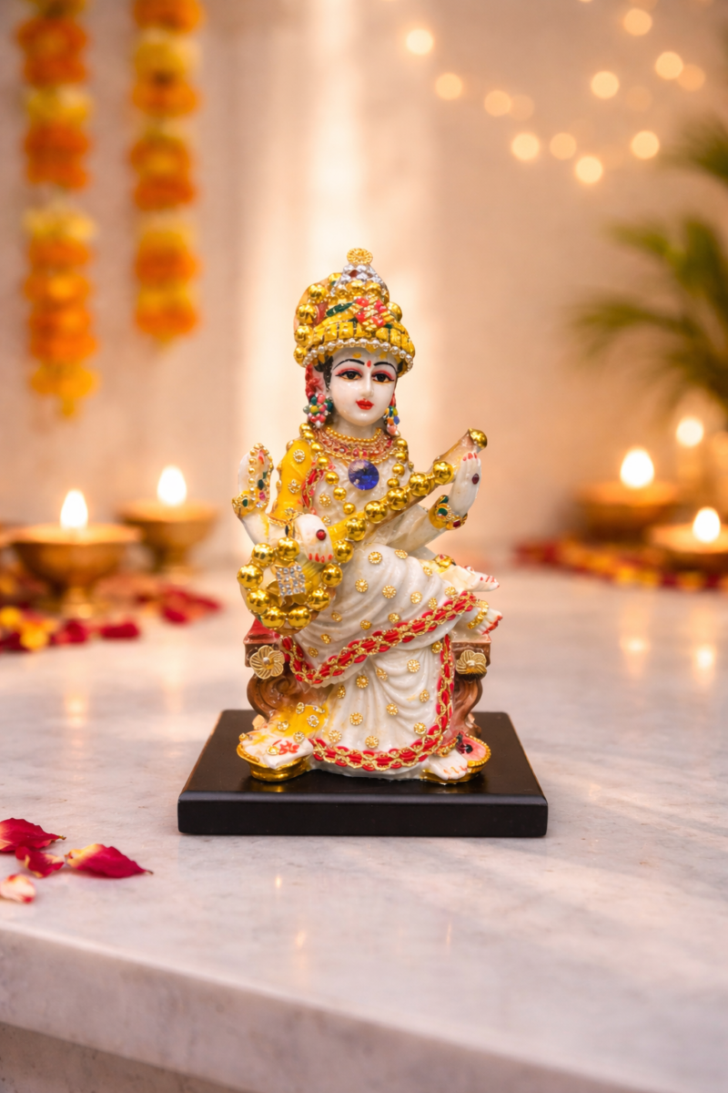 Goddess Saraswati Idol | Divine White-Gold Veena Blessing Finish | H20 × W8.5 × D11 cm