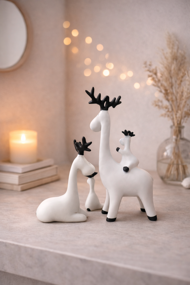 Deer Family Idol Set | Minimal White-Black Nordic Finish | H25.5 × W6.5 × D23 cm