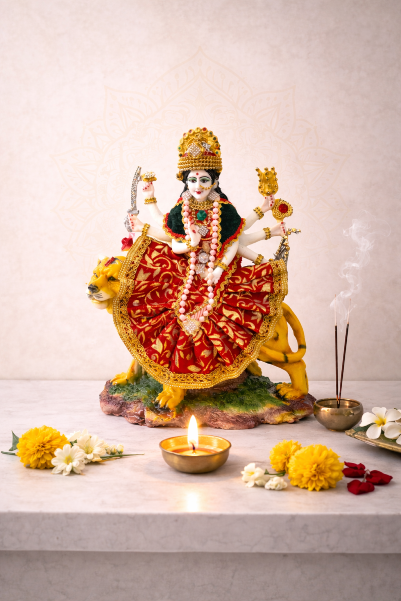 Goddess Durga Idol on Lion | Royal Red-Gold Finish | H29 × W10 × D23 cm