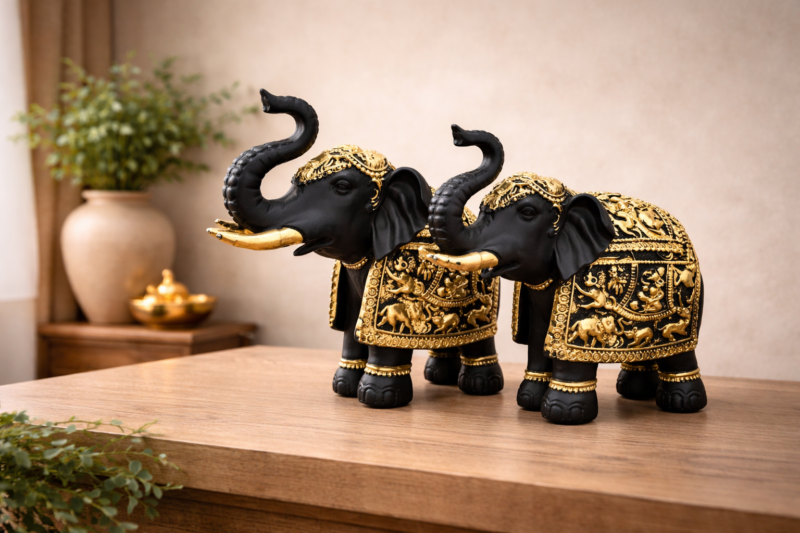 Sacred Elephant Idol | Antique Black-Gold Royal Temple Finish | H8.5 × W8 × D21.5 cm