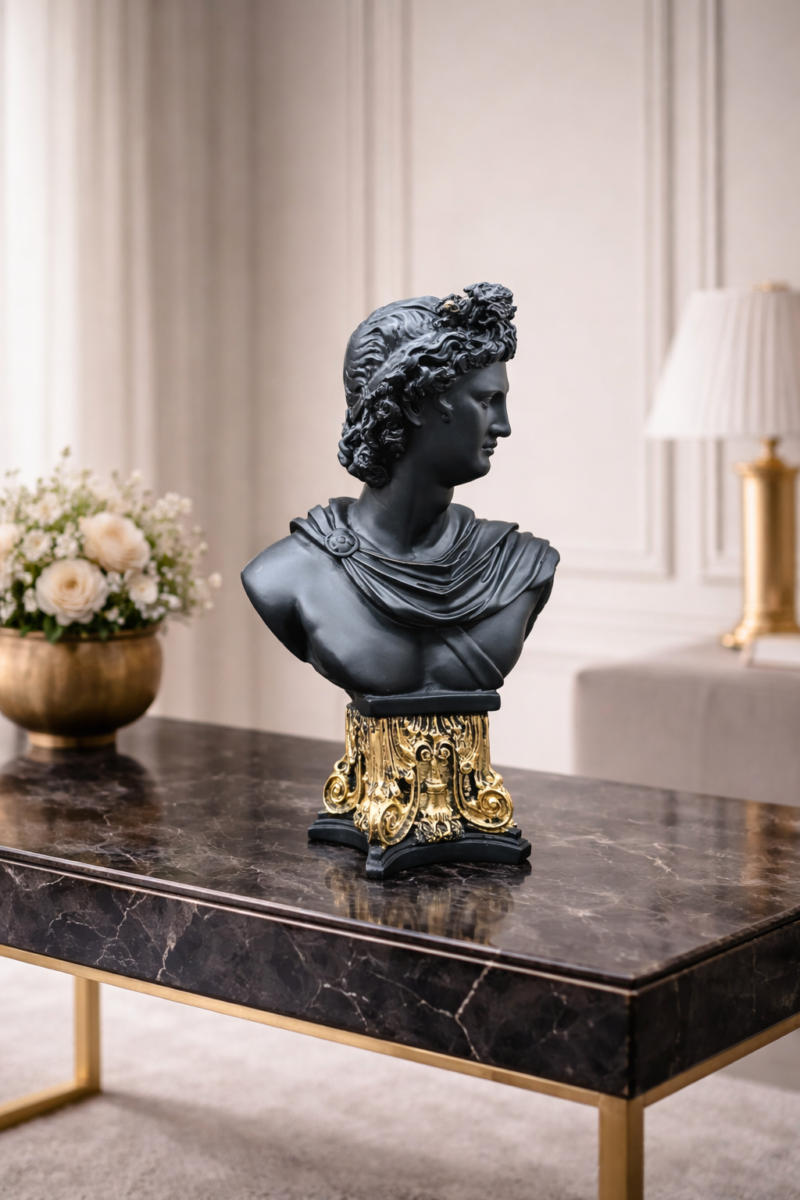 Classical Greek Bust Idol | Matte Charcoal-Gold Regal Finish | H28 × W9 × D18 cm