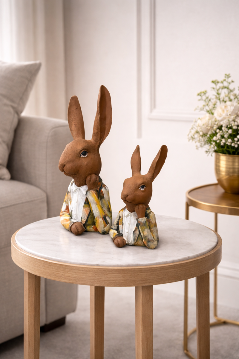 Sacred Rabbit Idol Set | Rustic White-Gold Nordic Charm Finish | Big: H23 × W7.5 × D11.5 cm | Small: H16 × W6.5 × D9 cm