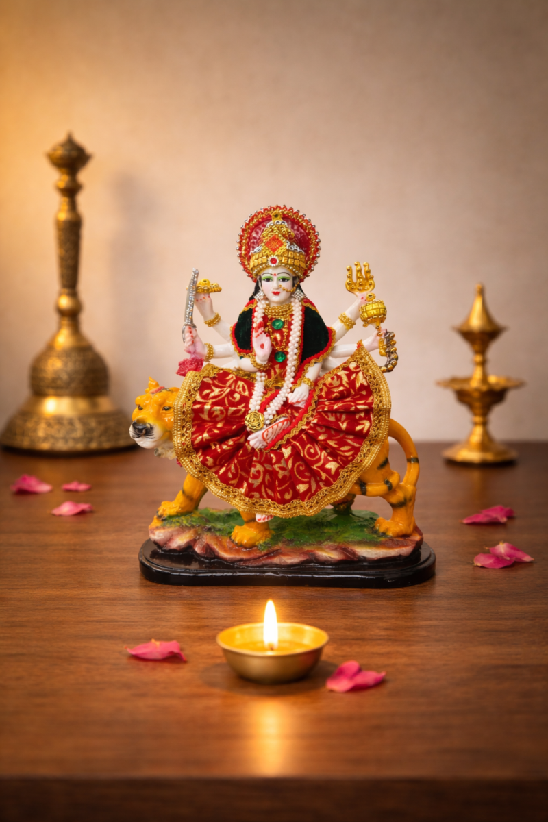 Goddess Durga Idol on Lion | Royal Red-Gold Finish | H34 × W11 × D26 cm