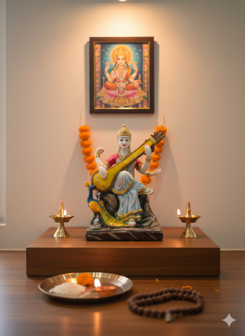 Goddess Saraswati Idol | Divine Multicolour Veena Design | H21.5 × W11 × D15 cm