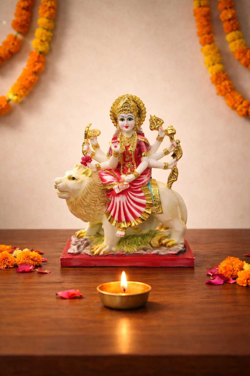 Goddess Durga Idol on Lion | Divine Pink-Gold Protective Grace Finish | H28 × W11 × D20 cm