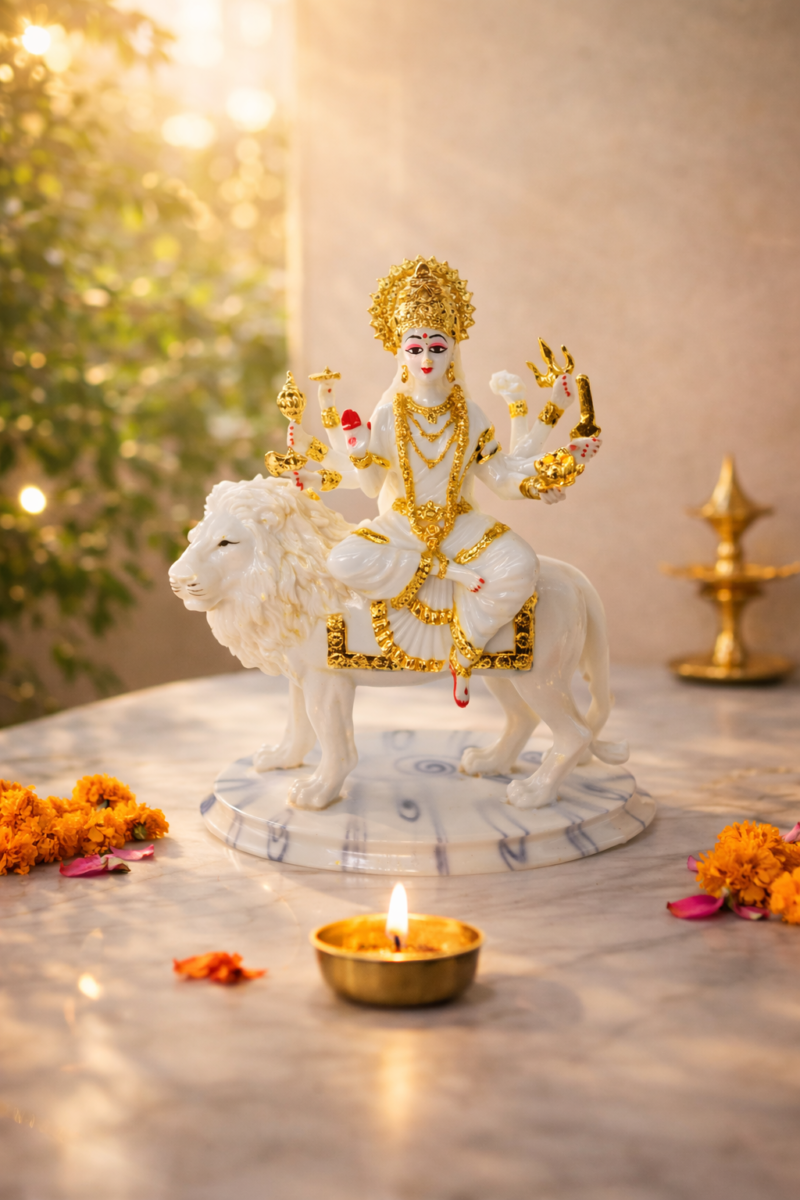 Goddess Durga Idol on Lion | Divine White-Gold Sacred Finish | H25 × W11 × D20 cm