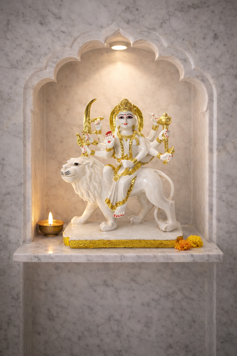 Goddess Durga Idol on Lion | Divine White-Gold Sacred Finish | H35.5 × W11 × D29 cm