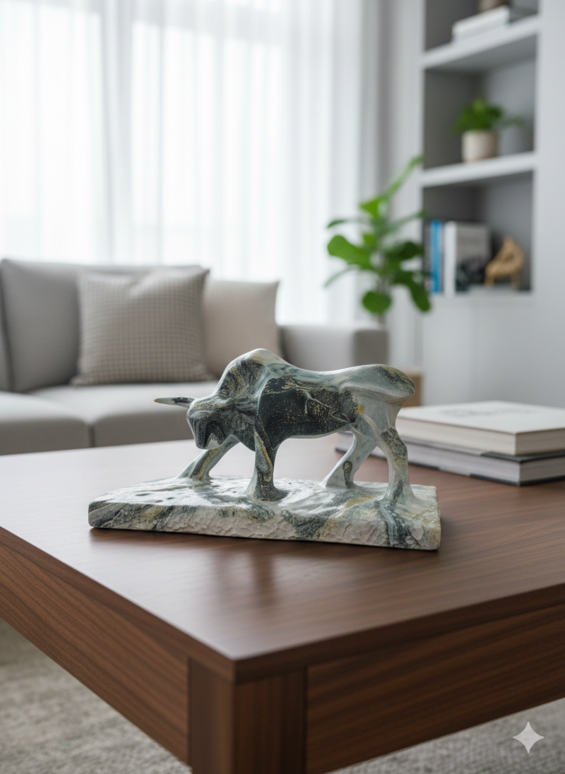 Bull Idol | Rustic Stone-Finish Strength Symbol | H7 × W9.5 × D17.5 cm