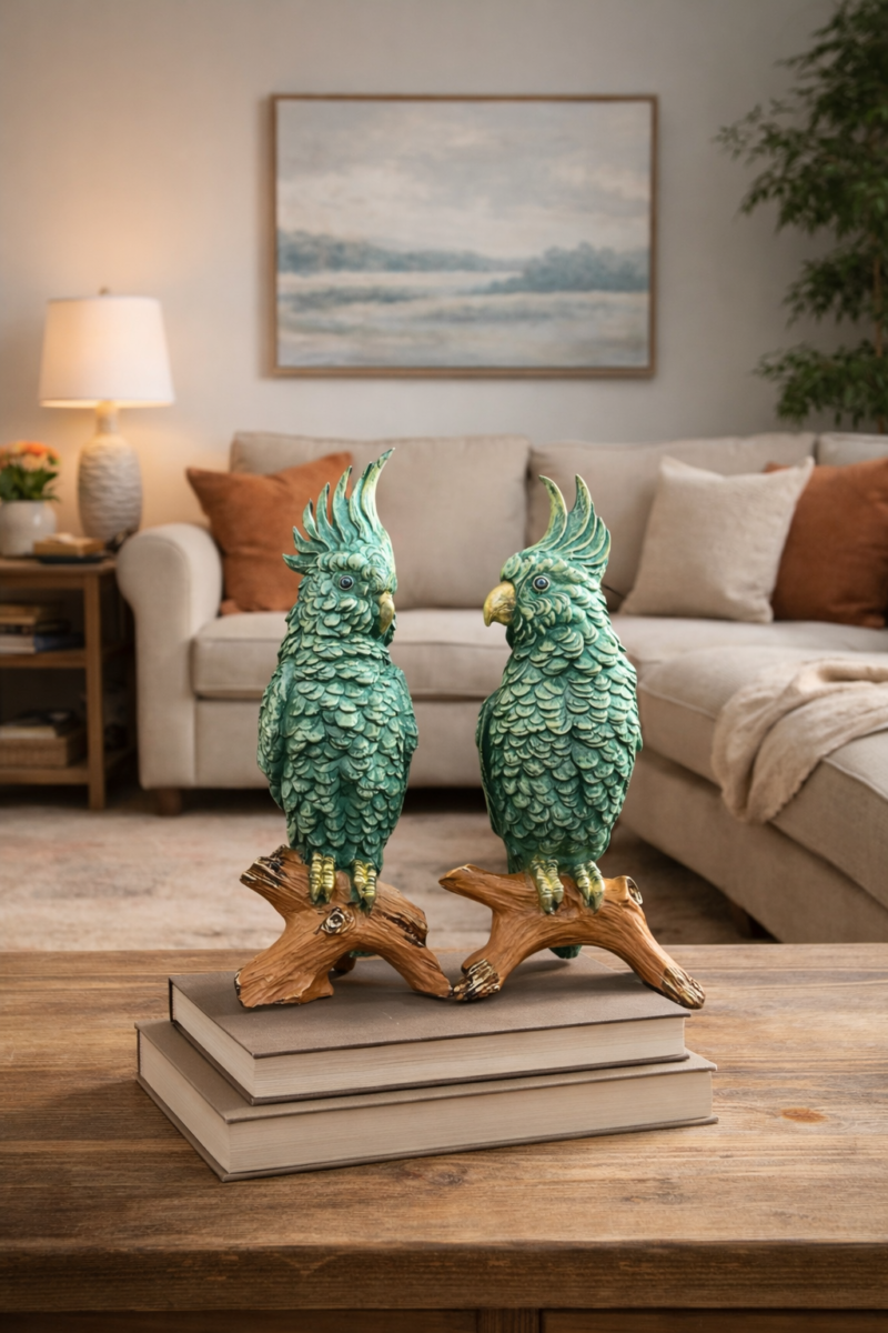 Twin Parrot Idol Set | Antique Teal-Gold Regal Finish | Big: H32 × W9 × D12.5 cm | Small: H31 × W10 × D14 cm