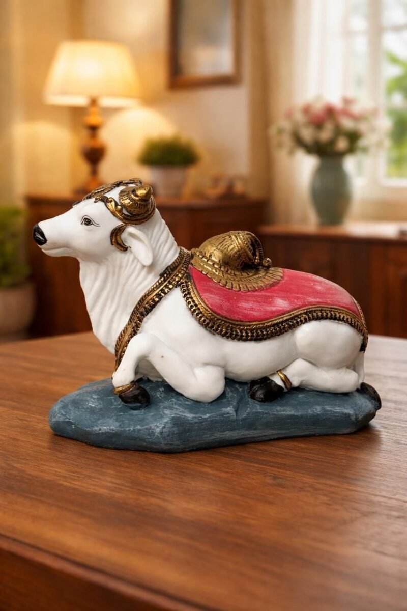 Sacred Nandi Idol | Divine White-Gold Temple Finish | Marble Dust