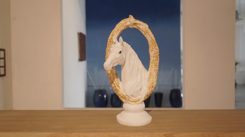 Majestic Horse Head Idol with Ring | Divine White-Gold Royal Frame Finish | H39 × W16 × D20 cm
