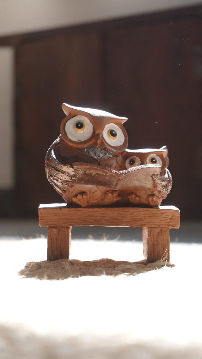 Wise Owl Idol Set | Rustic Wood-Tone Wisdom Finish | H14 × W9 × D12 cm