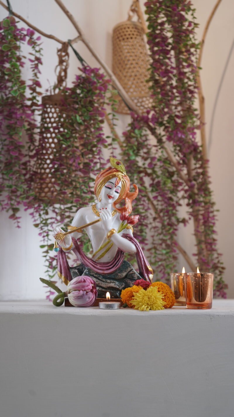 Lord Krishna Idol | Divine White-Gold Flute Harmony Finish | H30 × W10 × D20 cm